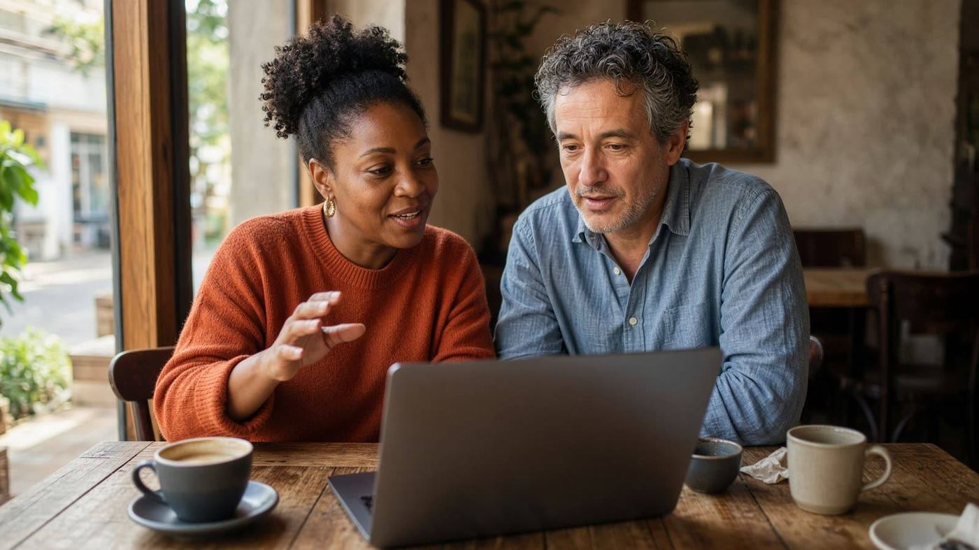 Two colleagues reviewing a site together at a cafe