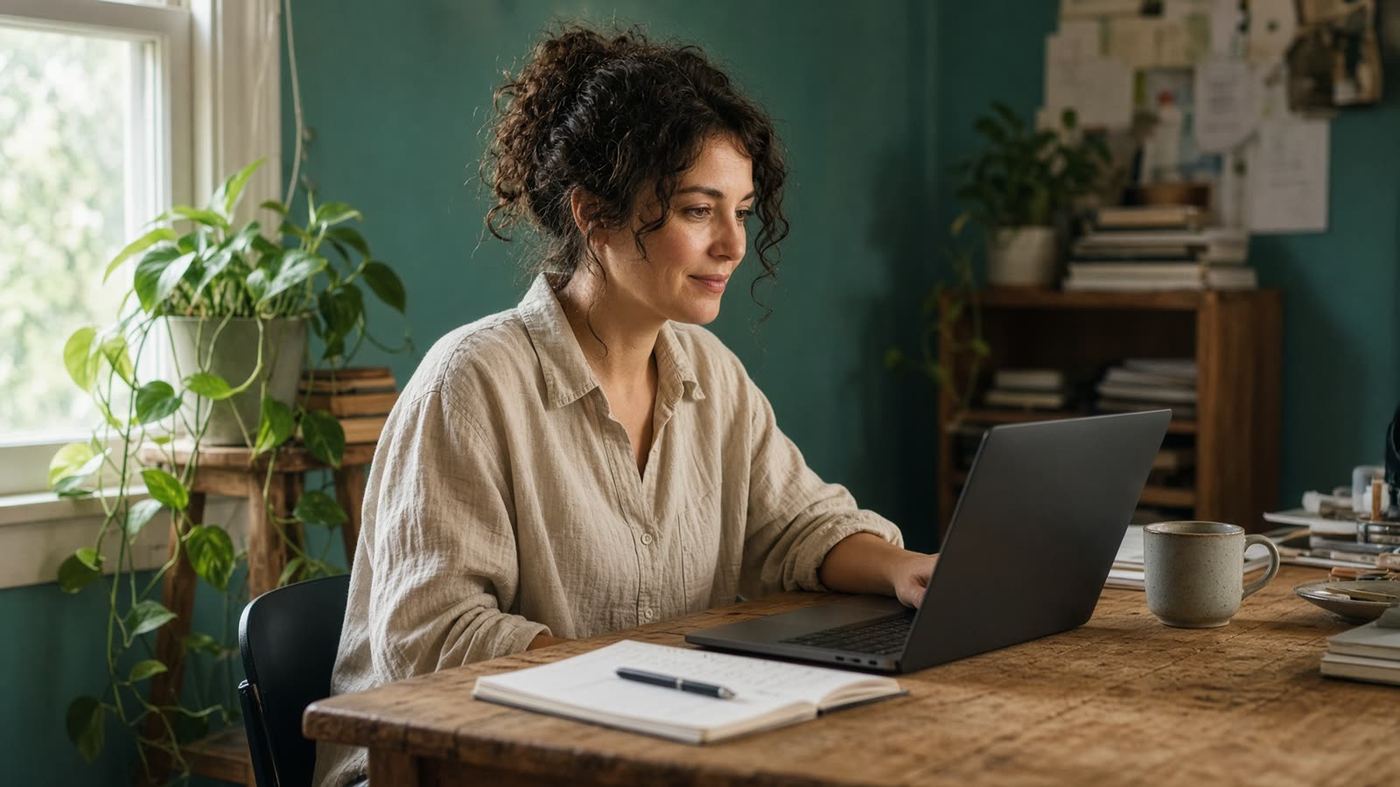 A designer working at a sunlit oak desk