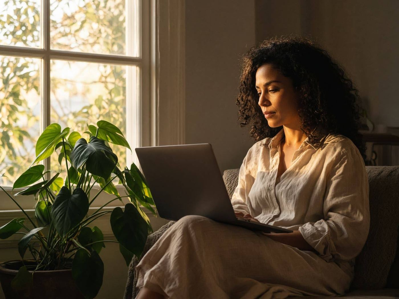 A person working by a window with a laptop