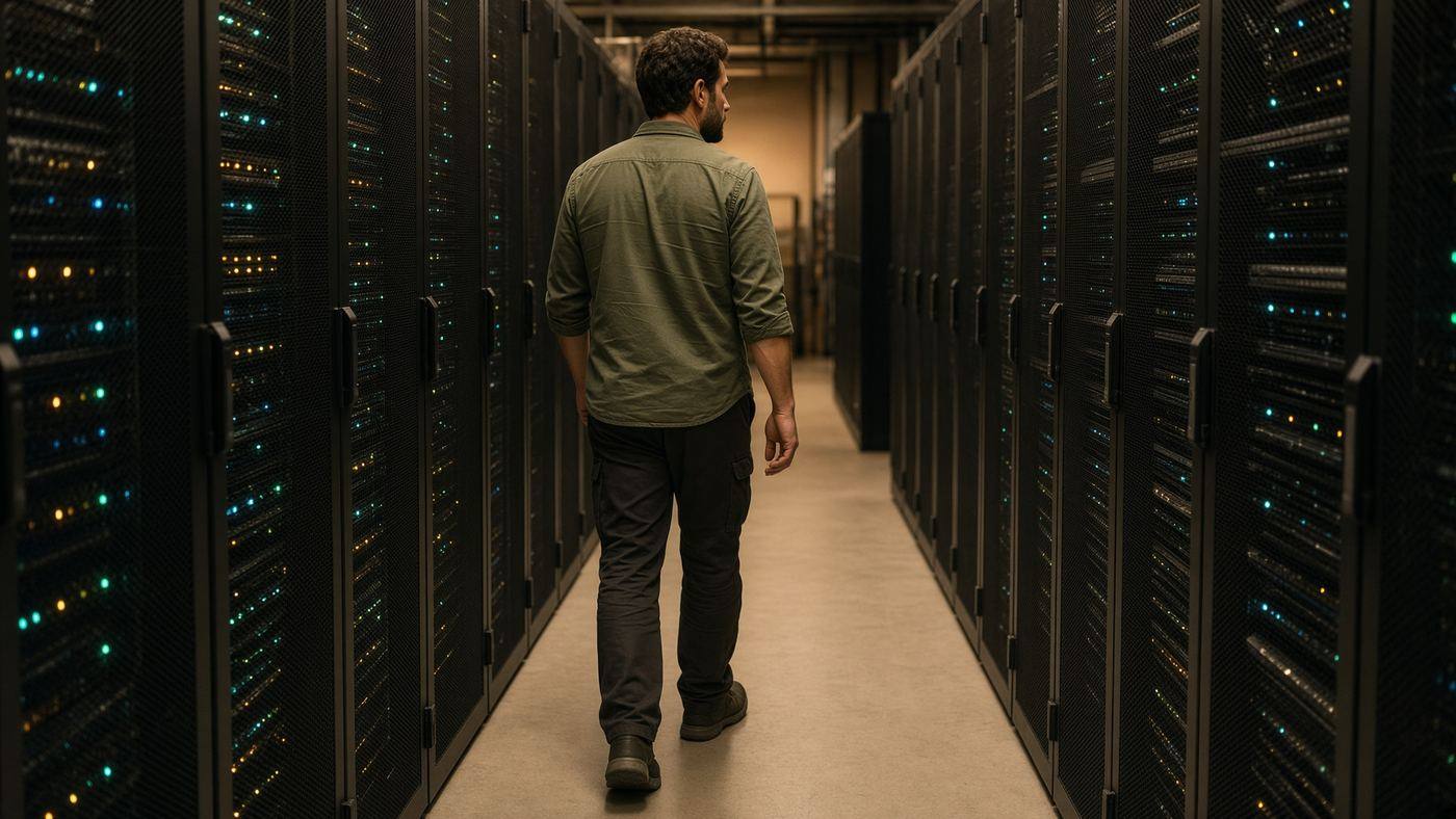 Warm-lit data center aisle