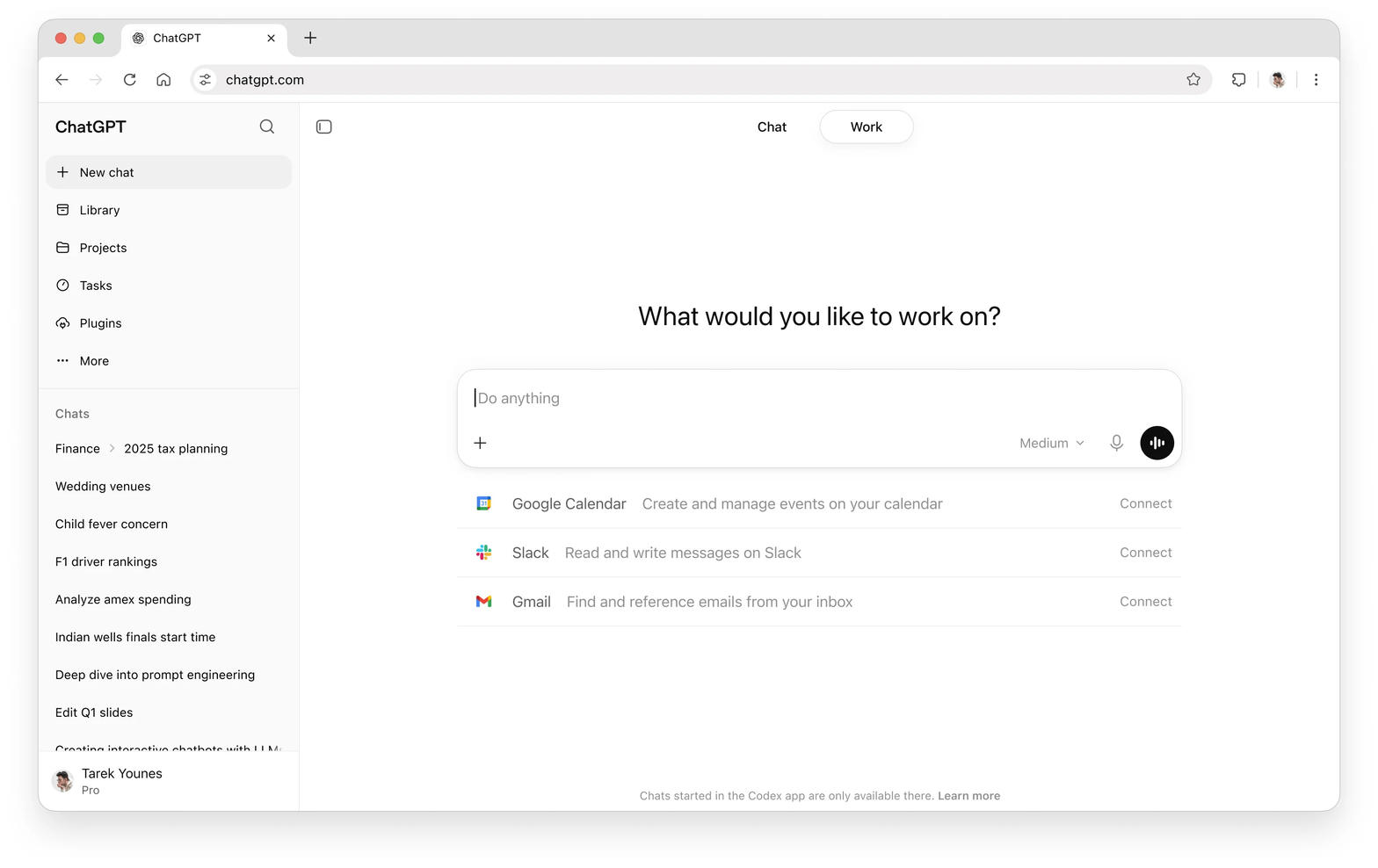 ChatGPT Work tab with Calendar Slack and Gmail connectors