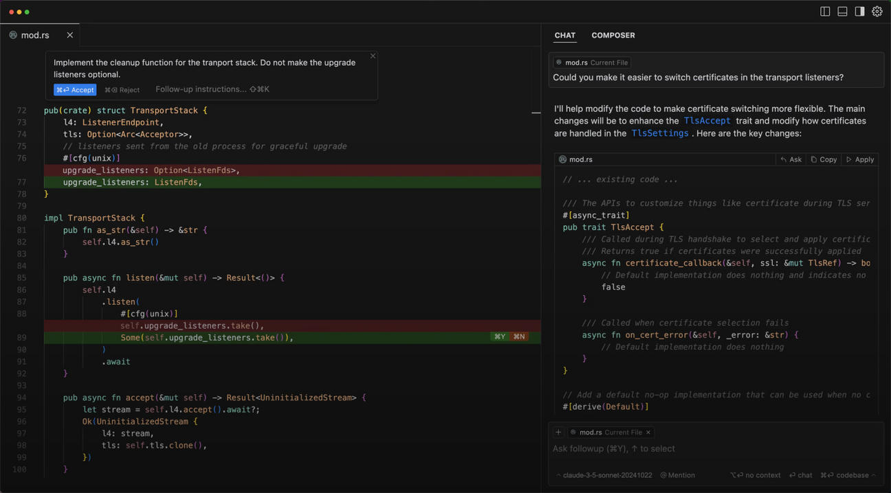 Cursor IDE with AI chat editing a Rust file