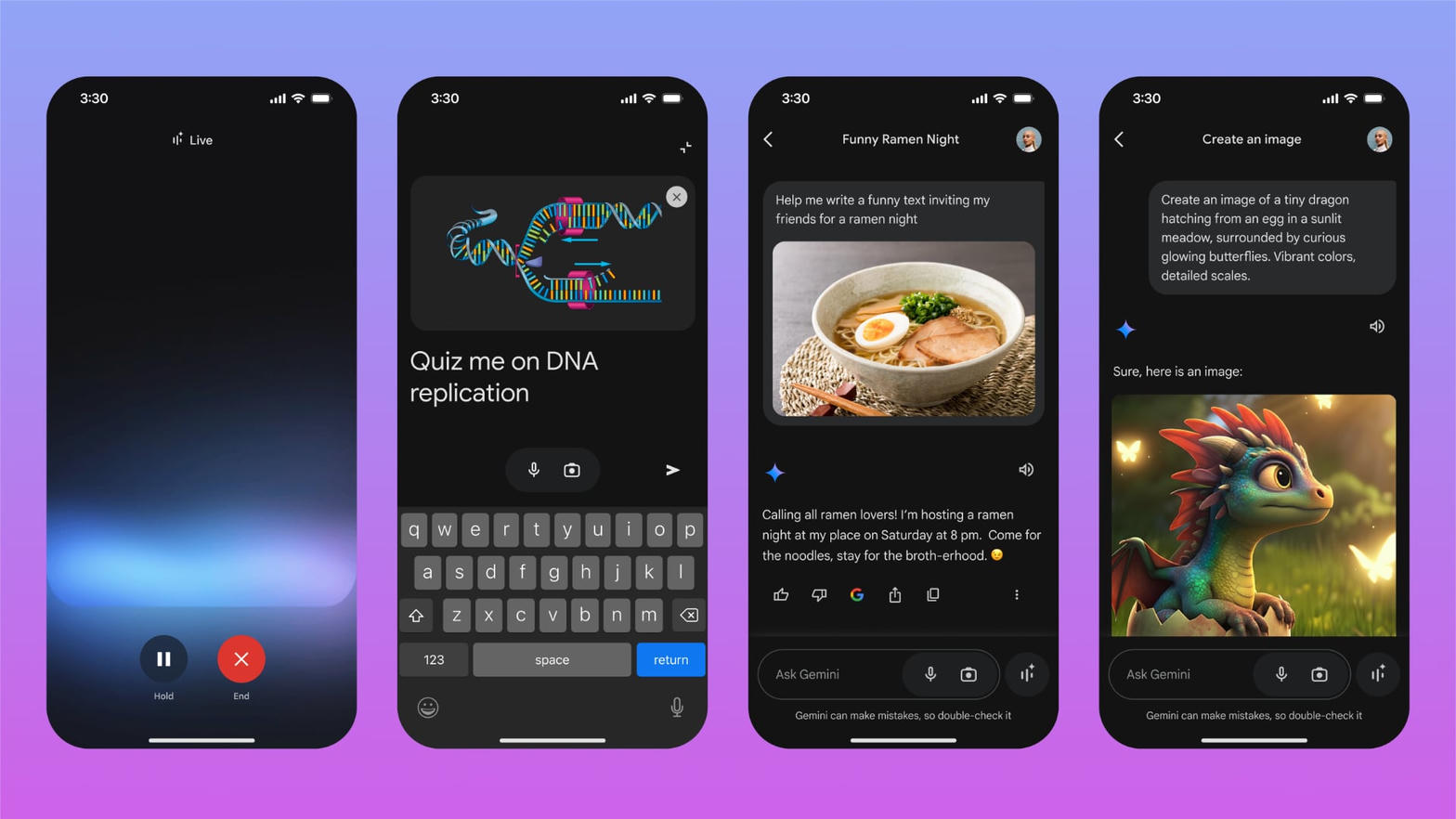 Four iPhone frames of the Gemini app: Live, quiz, chat, image