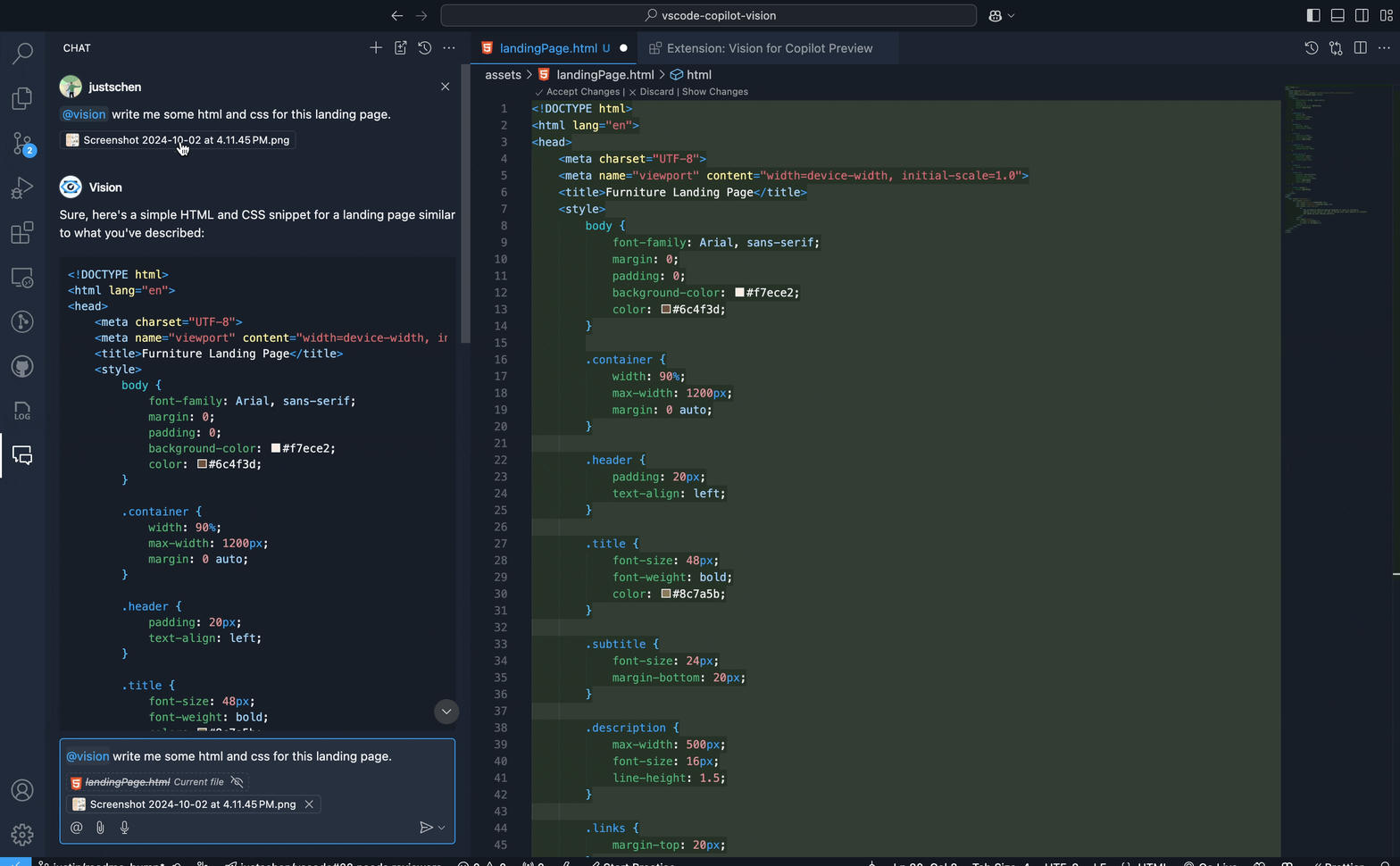 GitHub Copilot chat writing HTML beside the editor