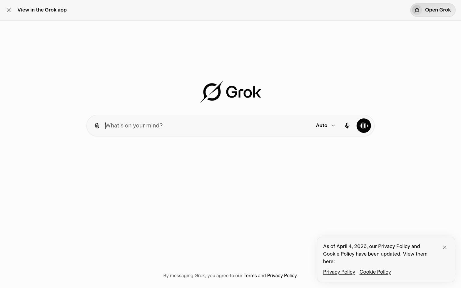 grok.com home prompt: What's on your mind?
