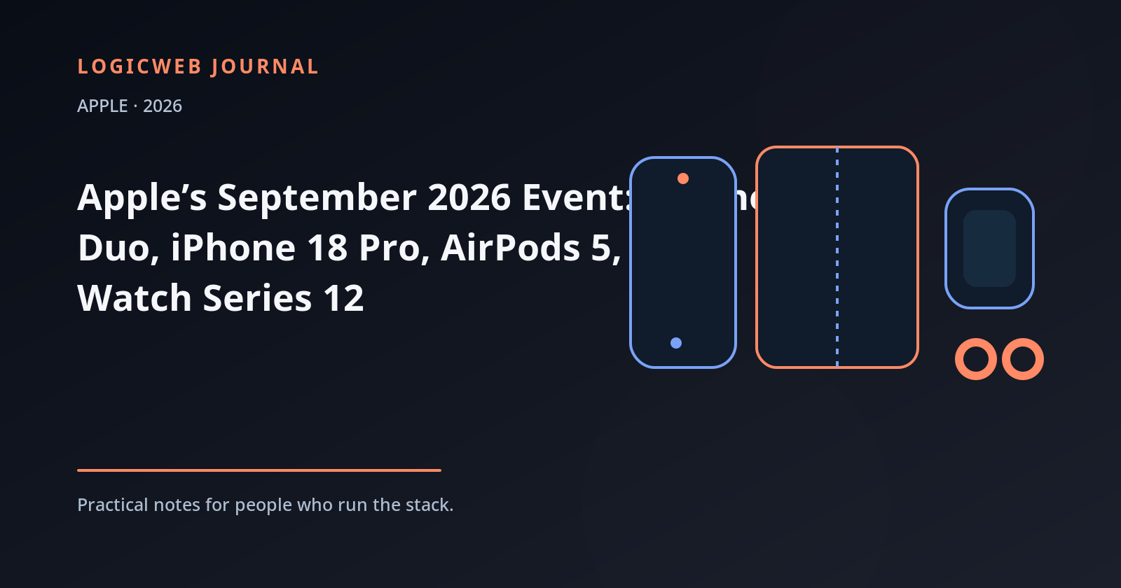 Editorial illustration of a foldable phone, a pro smartphone, wireless earbuds, and a smartwatch representing Apple’s September 2026 event