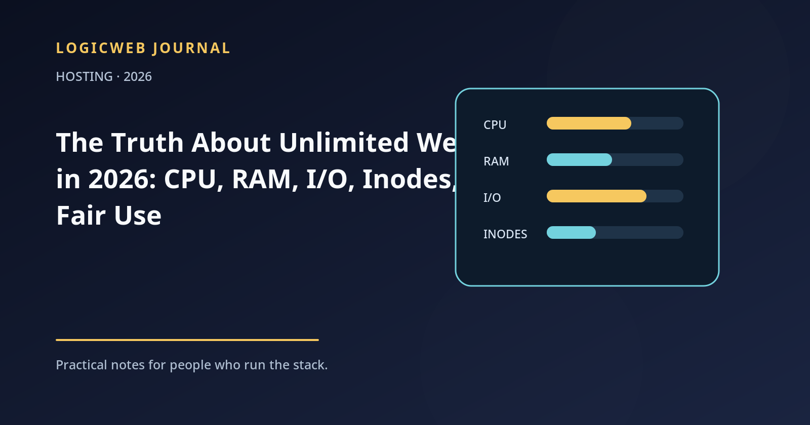 Web hosting resource dashboard illustrating CPU, memory, I/O, inodes, and entry process limits