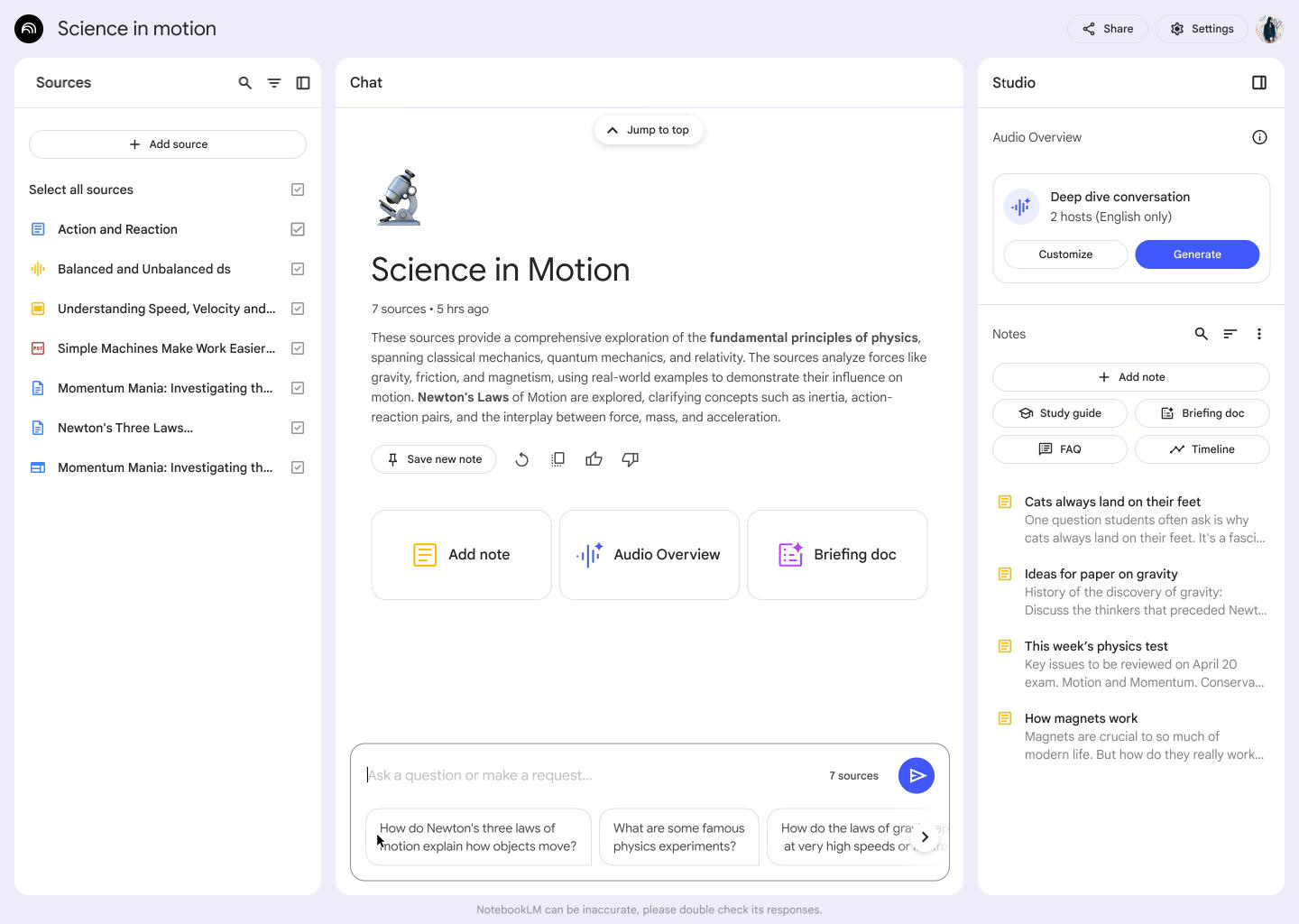 NotebookLM workspace with sources, chat, and audio overview